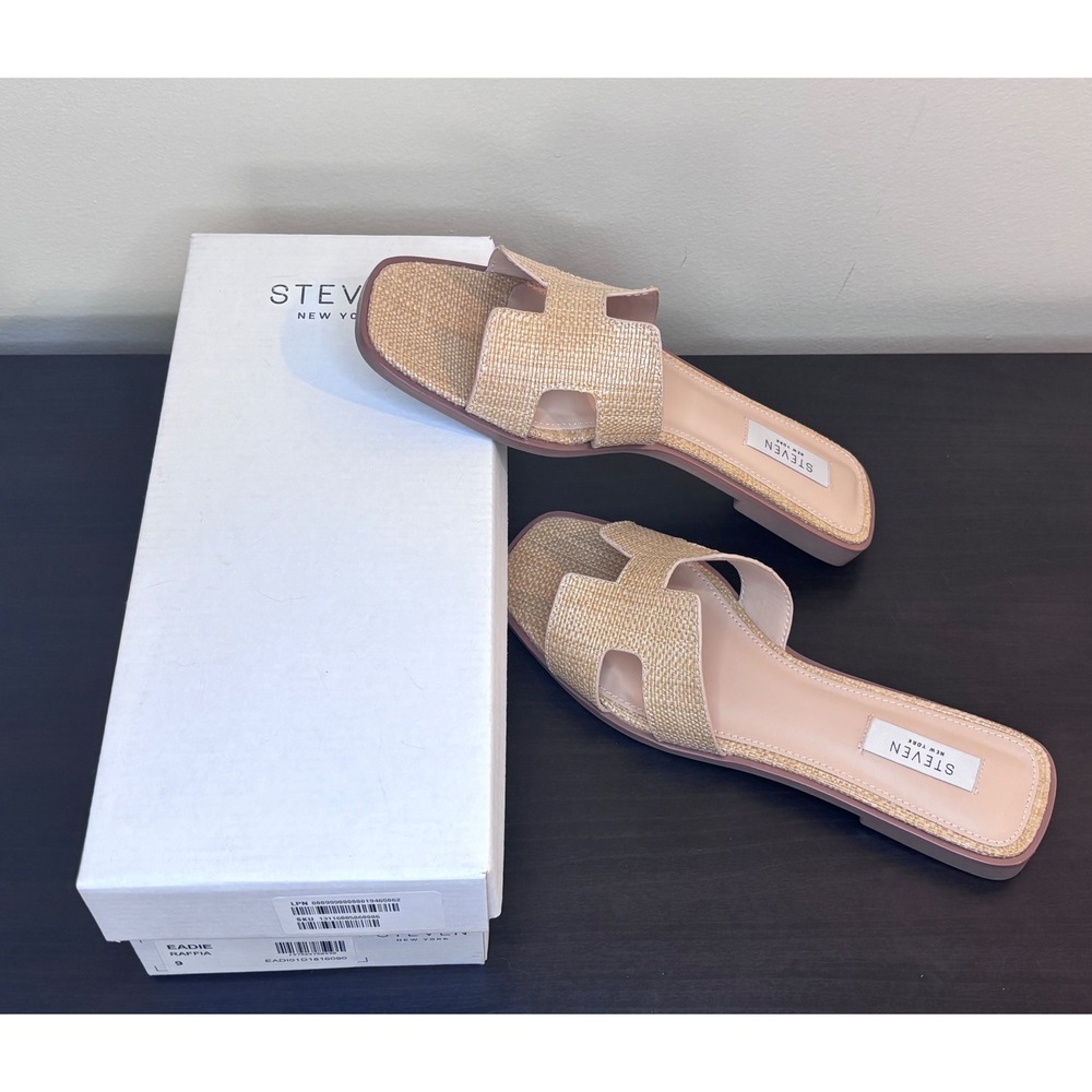 STEVEN NEW YORK Eadie Raffia Flat Slide Sandals Tan Woven Square Toe Resort 9